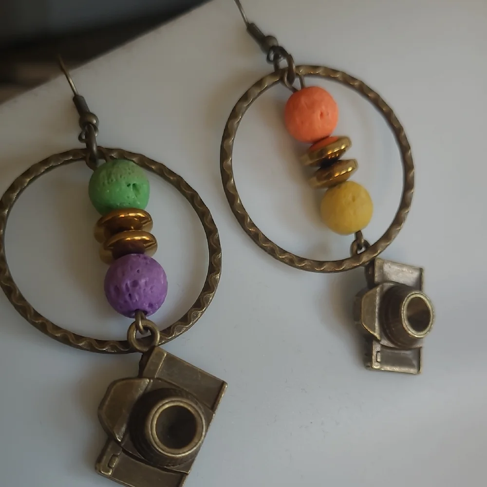 Vintage Looking Camera Earrings with Colorful Beads